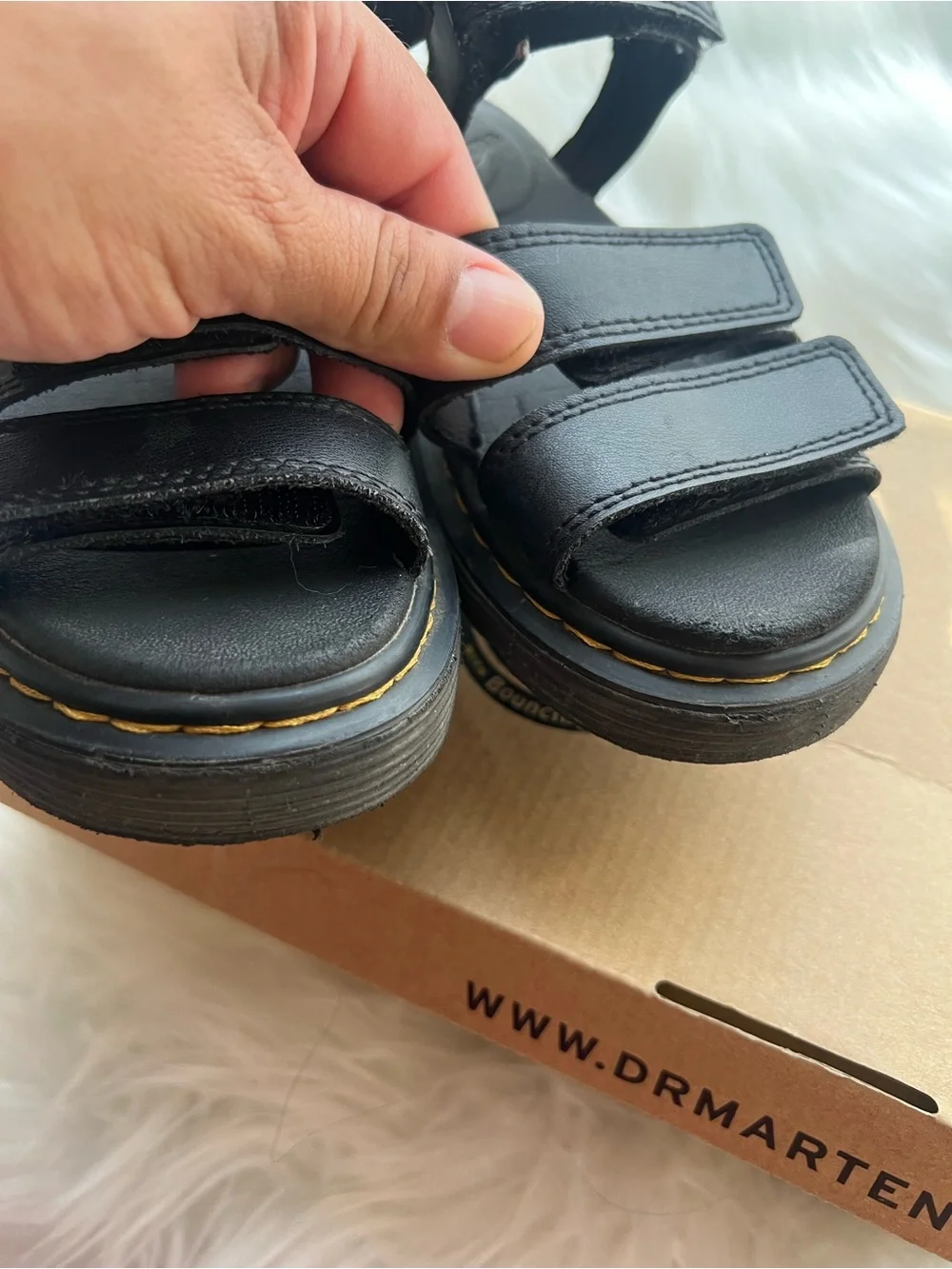 Dr. Martens Kids Black Triple-Strap Vegan Sandals with Yellow Stitching